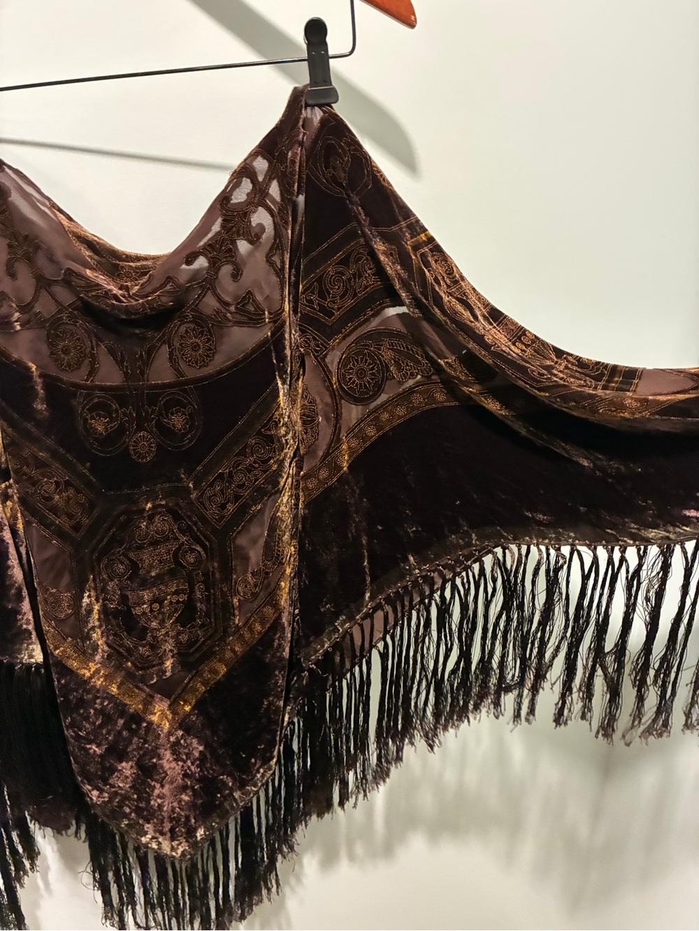 Velvet Burnout Poncho Women's One Size Brown Fringe Semi Sheer Romantic Macrame